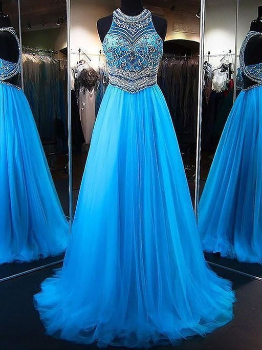 Jewel Sleeveless Sweep/Brush A-line Train With Beading Tulle Dresses - Prom Dresses