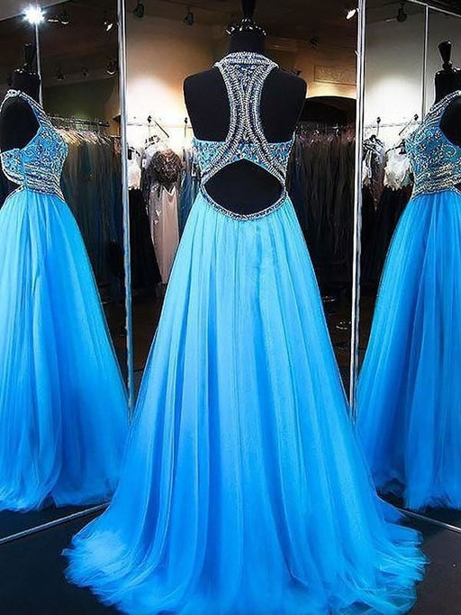 Jewel Sleeveless Sweep/Brush A-line Train With Beading Tulle Dresses - Prom Dresses