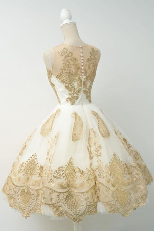 Junior Popular Gold Applique Tulle Homecoming A-line Short Prom Dresses - Prom Dresses