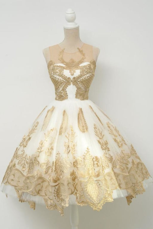 Junior Popular Gold Applique Tulle Homecoming A-line Short Prom Dresses - Prom Dresses