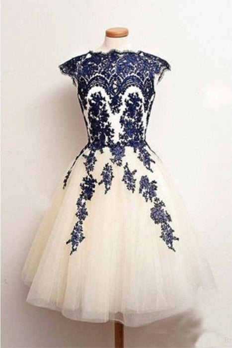 Knee Length Lace Applique Short Tulle Prom A Line Ivory Homecoming Party Dresses - Prom Dresses