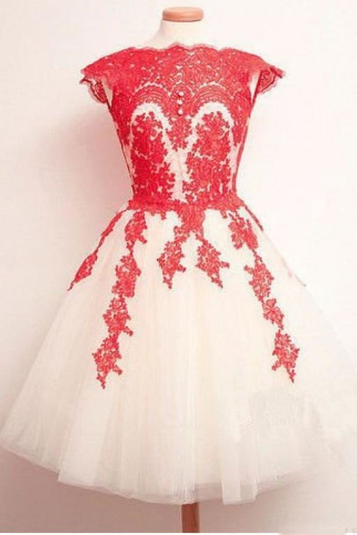 Knee Length Lace Applique Short Tulle Prom A Line Ivory Homecoming Party Dresses - Prom Dresses