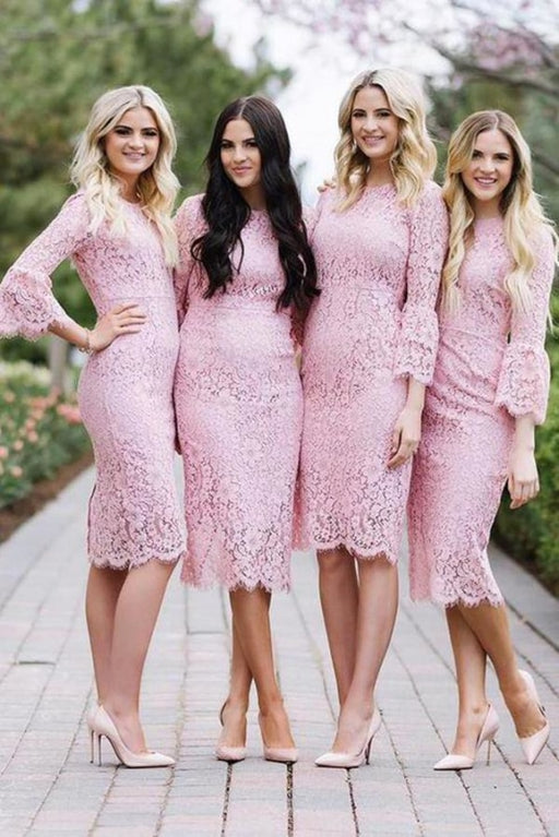 Knee Length Pink Lace Sheath Bridesmaid Dress - Bridesmaid Dresses