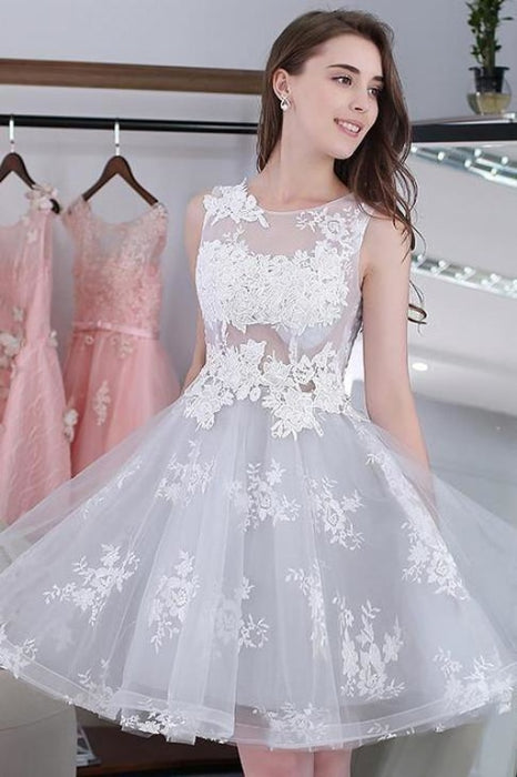 Knee-length Sleeveless Short Homecoming A-line Lace Appliques Tulle Party Dresses - Prom Dresses