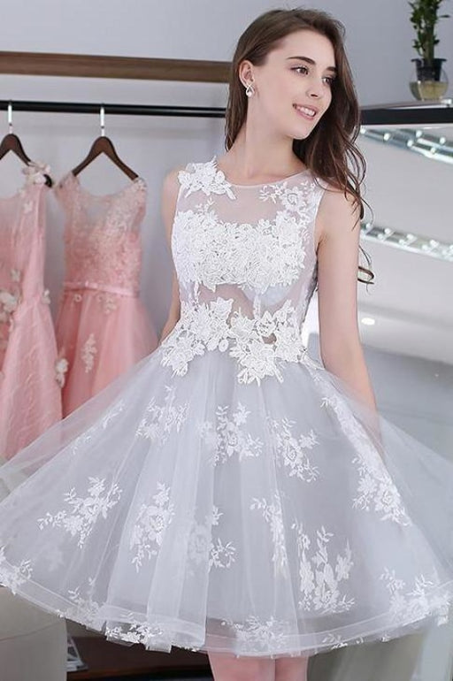 Knee-length Sleeveless Short Homecoming A-line Lace Appliques Tulle Party Dresses - Prom Dresses