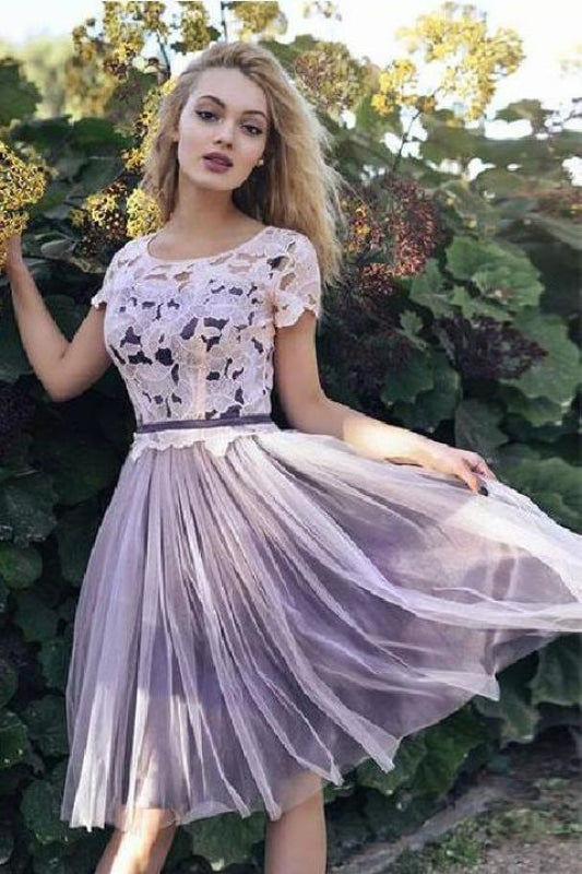 Knee Length Sleeves Tulle Homecoming Dress A Line Short Prom Gowns - Prom Dresses