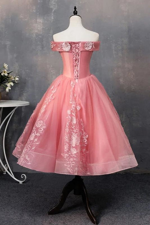 Knee Length Tulle Graduation Appliques Off the Shoulder Dress with Flowers - Prom Dresses