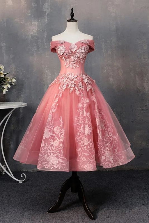 Knee Length Tulle Graduation Appliques Off the Shoulder Dress with Flowers - Prom Dresses