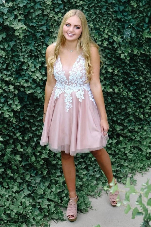 Knee Length V Neck Tulle Homecoming Gown with Lace Appliques Cute Graduation Dress - Prom Dresses