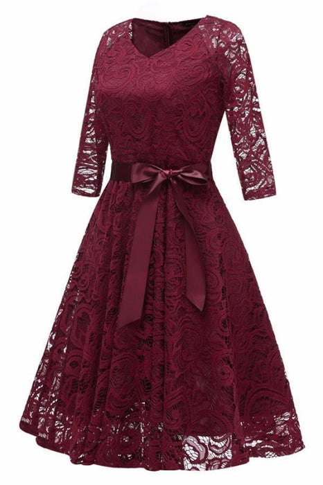 Lace 3/4 Sleeve V-Neck Red Hollow Out Female Robe Dress - lace dresses