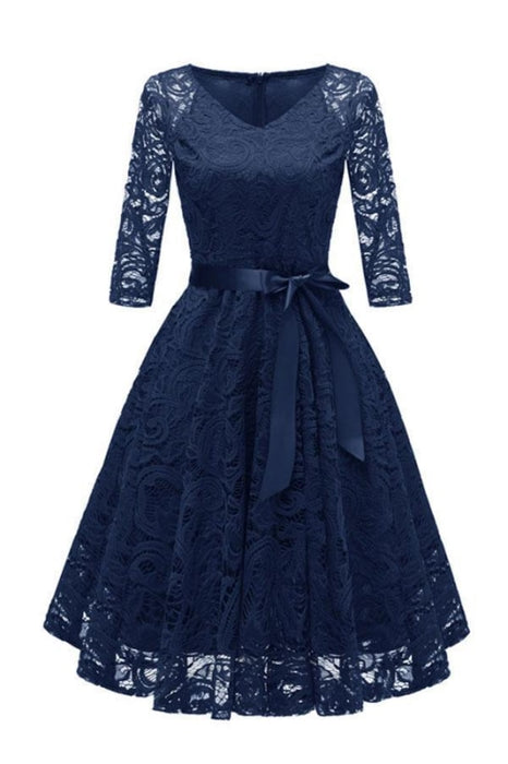 Lace 3/4 Sleeve V-Neck Red Hollow Out Female Robe Dress - navy blue dress / S - lace dresses