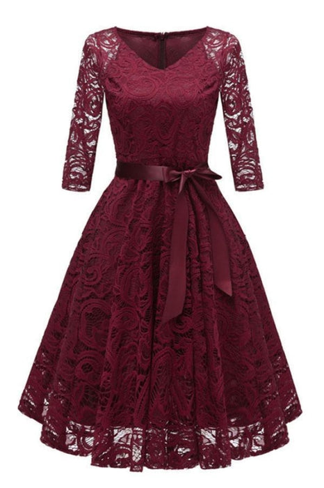 Lace 3/4 Sleeve V-Neck Red Hollow Out Female Robe Dress - burgundy dress / S - lace dresses