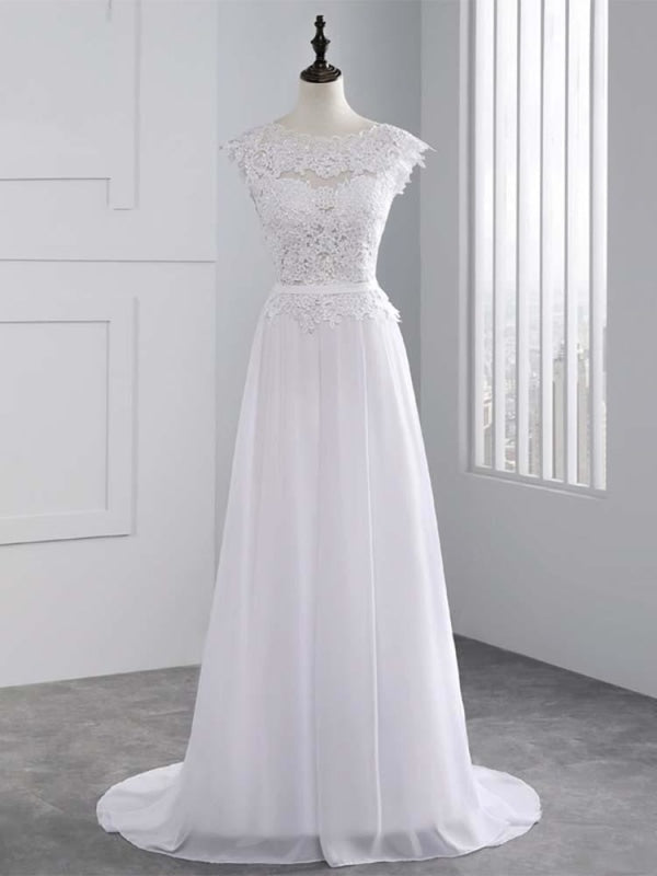 Lace Appliques Covered Button A-Line Wedding Dresses - White / Floor Length - wedding dresses