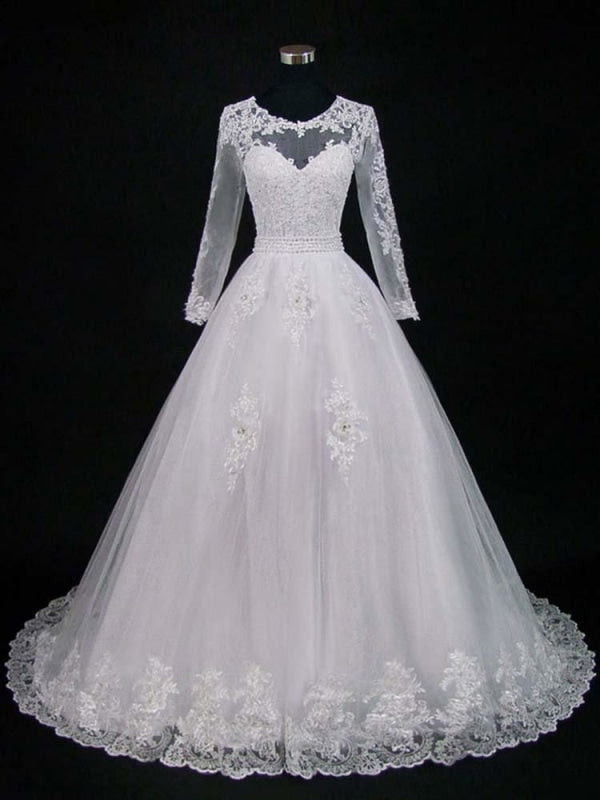 Lace Appliques Pearls Long Sleeves Wedding Dresses - White / Floor Length - wedding dresses