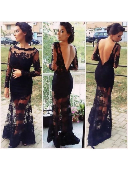 Lace Bateau Long A-line Sleeves Sweep/Brush Train With Dresses - Prom Dresses