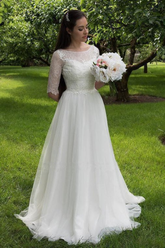 Lace Bodice Dress with Half Sleeves A Line Tulle Cheap Wedding Dresss - Wedding Dresses