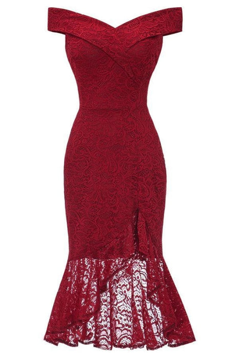 Lace Dresses Femme Off the Shoulder V-Neck Women Red Dress - Burgundy / S - lace dresses