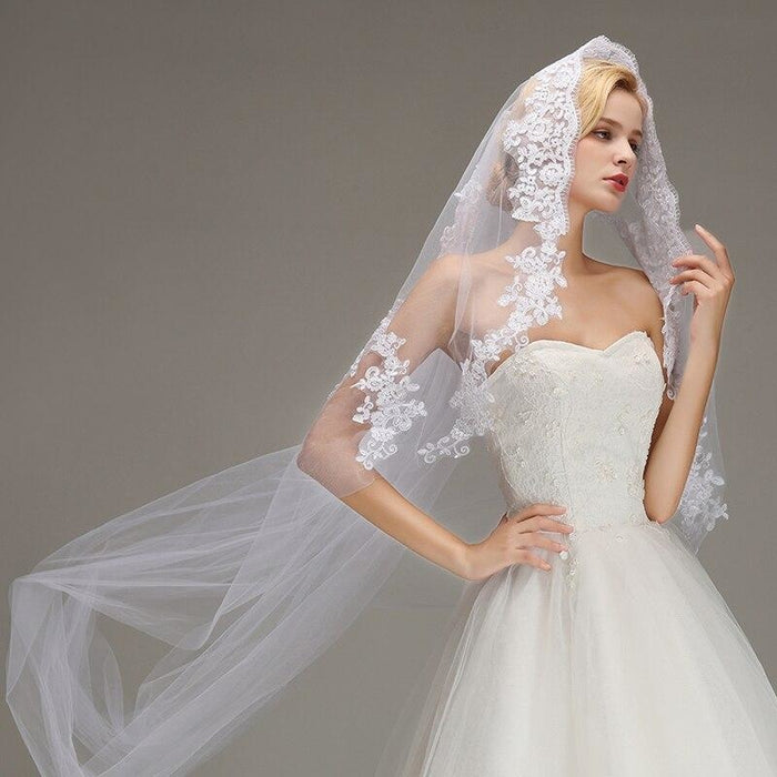 Lace Edge Ivory Appliqued Long Wedding Veils | Bridelily - WHITE / 300cm - wedding veils
