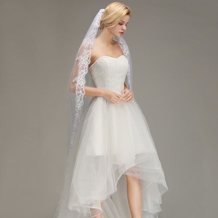 Lace Edge Ivory Appliques One Layer Wedding Veils | Bridelily - wedding veils