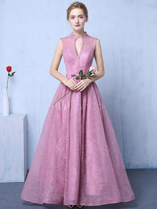 Lace Evening Dress Cameo Pink Party Dress Keyhole A Line Bow Sash Occasion Dress With Train