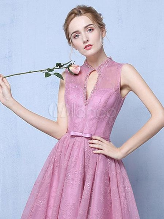 Lace Evening Dress Cameo Pink Party Dress Keyhole A Line Bow Sash Occasion Dress With Train
