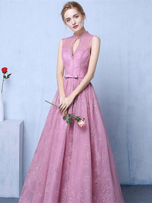 Lace Evening Dress Cameo Pink Party Dress Keyhole A Line Bow Sash Occasion Dress With Train