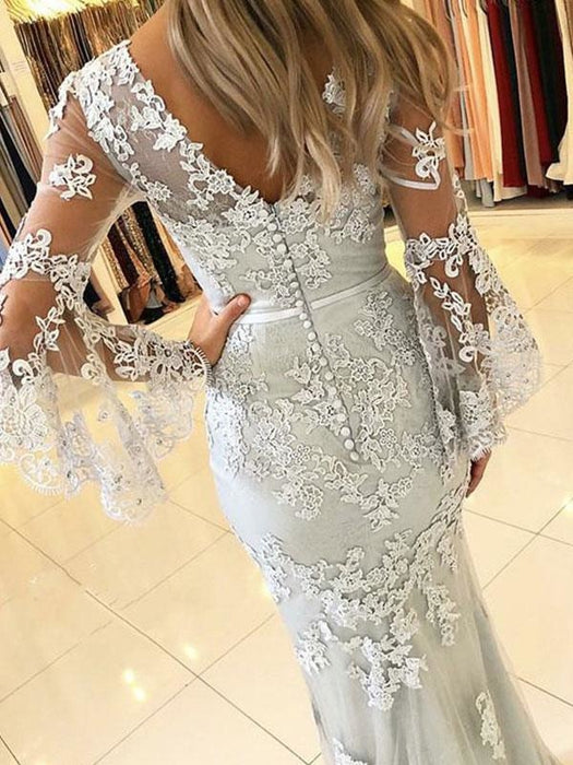 Lace Evening Dress Ivory V Neck Long Sleeve Floor Length Formal Dress Mermaid Party Dresses