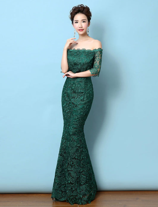Lace Evening Dress Off The Shoulder Mermaid Party Dress Dark Green Half Sleeve Maxi Occasion Dress wedding guest dress
