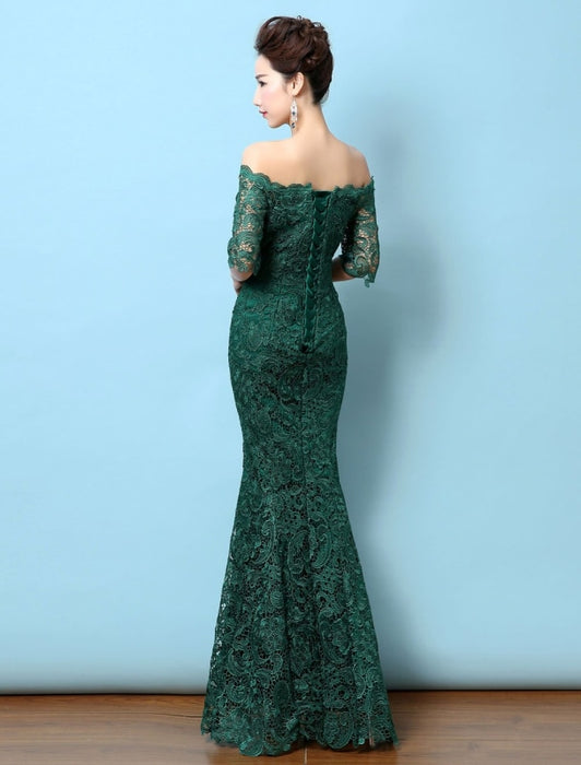 Lace Evening Dress Off The Shoulder Mermaid Party Dress Dark Green Half Sleeve Maxi Occasion Dress wedding guest dress