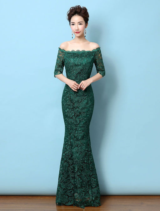 Dark Green Off-Shoulder Mermaid Dress Half Sleeve Lace Evening Gown -Bridelily Dark Green Off-Shoulder Mermaid Dress Half Sleeve Lace Evening Gown -Bridelily