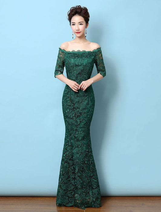 Dark Green Off-Shoulder Mermaid Dress Half Sleeve Lace Evening Gown -Bridelily Dark Green Off-Shoulder Mermaid Dress Half Sleeve Lace Evening Gown -Bridelily