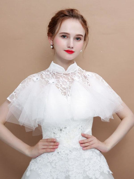 Lace High Collar White Wedding Wraps | Bridelily - White / One Size - wedding wraps