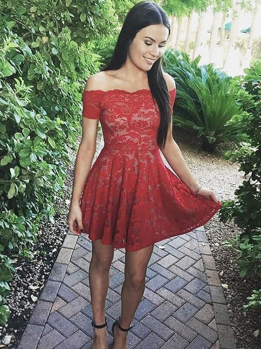 Lace Off-the-Shoulder Short Sleeves Short/Mini With Ruffles Dresses - Prom Dresses
