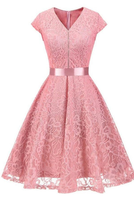 Lace Patchwork Women Cap Sleeves Street Party Dresses - pink dress / S - lace dresses