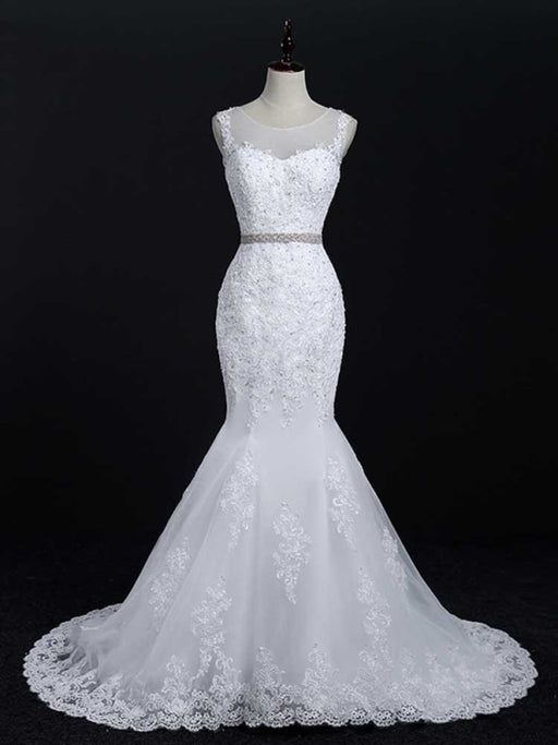 Lace Sashes Mermaid Wedding Dresses - Pure White / Floor Length - wedding dresses