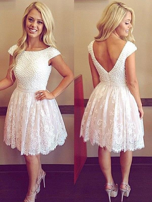 Lace Scoop Short A-line Sleeves Short/Mini With Pearls Dresses - Prom Dresses