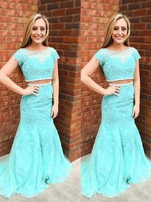 Lace Scoop Short Sleeves Sweep/Brush Train With Beading Dresses - Prom Dresses