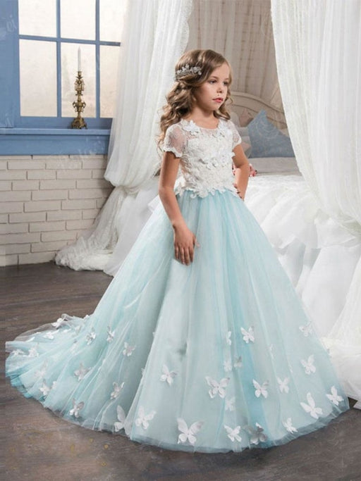 Flower Girl Dresses Jewel Neck Lace Short Sleeves Ankle Length Ball Gown Butterfly Formal Kids Pageant Dresses