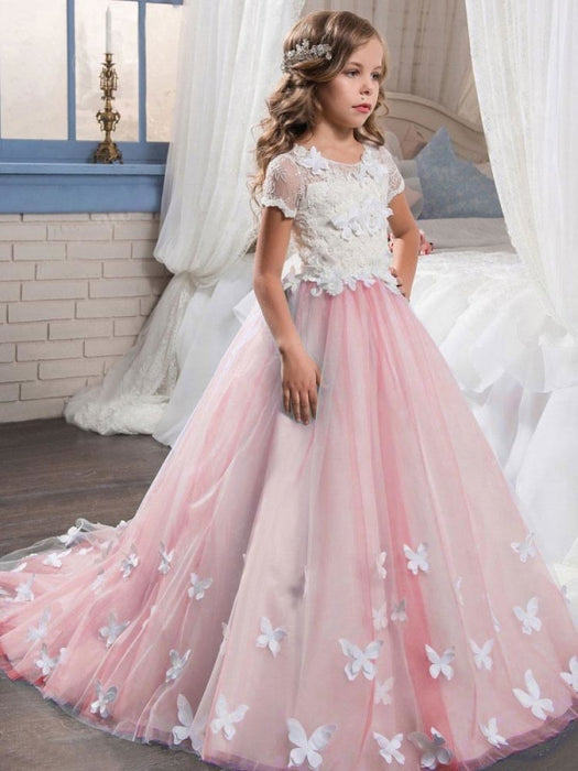 Flower Girl Dresses Jewel Neck Lace Short Sleeves Ankle Length Ball Gown Butterfly Formal Kids Pageant Dresses