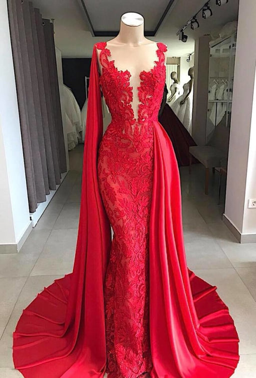 Lace Sleeveless Red Prom Dresses with Cape - Prom Dresses
