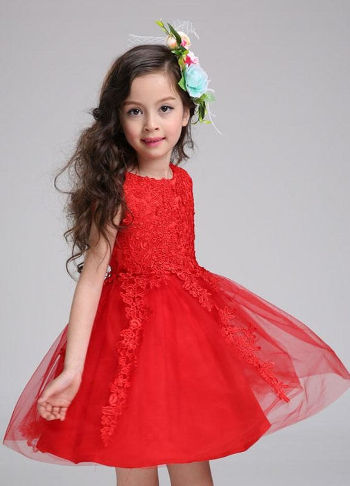 Princess Flower Girl Dress Lace Tulle Knee Length Beading Toddler's Pageant Dress