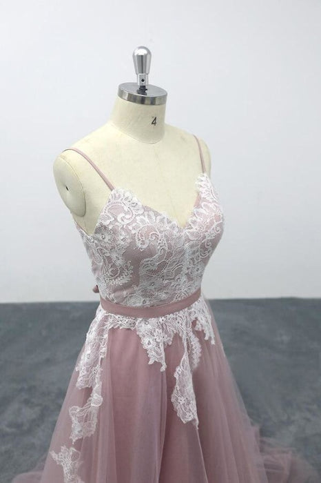 Lace Tulle Spaghetti Strap A-line Wedding Dress - Wedding Dresses