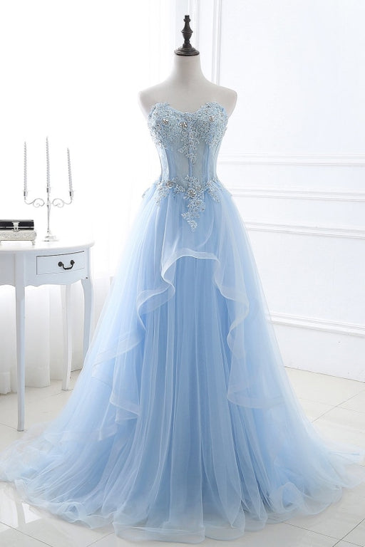 Lace-up Appliques Tulle Long A-line Prom Dress - As Picture / US 2 - Prom Dress