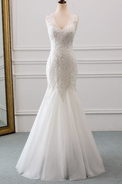 Lace-up Beading Floor Length Mermaid Wedding Dress - Wedding Dresses