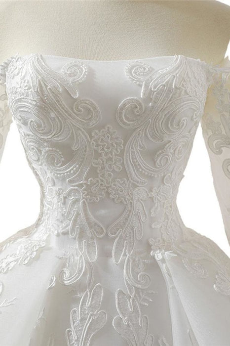 Lace-up Off Shoulder Long Sleeve Tulle Wedding Dress - Wedding Dresses