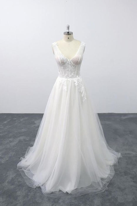 Lace-up V-neck Appliques Tulle A-line Wedding Dress - Wedding Dresses