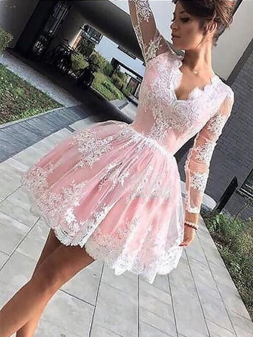 Lace V-neck Long A-line Sleeves Short/Mini With Ruffles Dresses - Prom Dresses