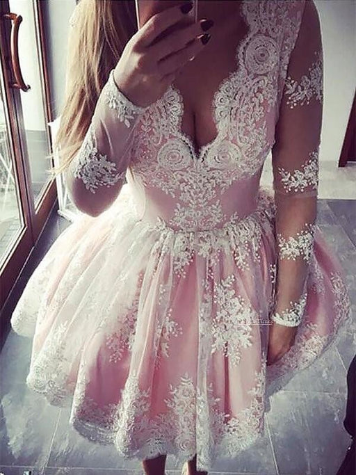 Lace V-neck Long A-line Sleeves Short/Mini With Ruffles Dresses - Prom Dresses