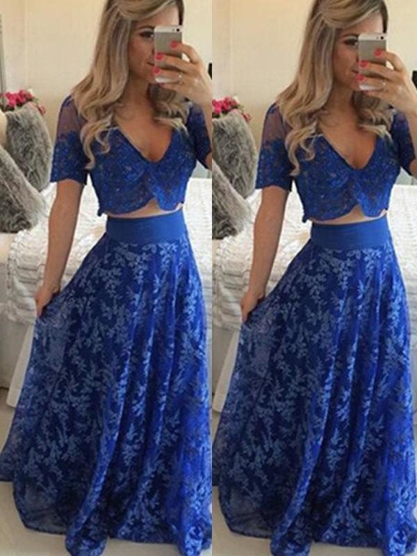 Lace V-Neck Short A-line Sleeves Floor-Length With Two Piece Dresses - Prom Dresses