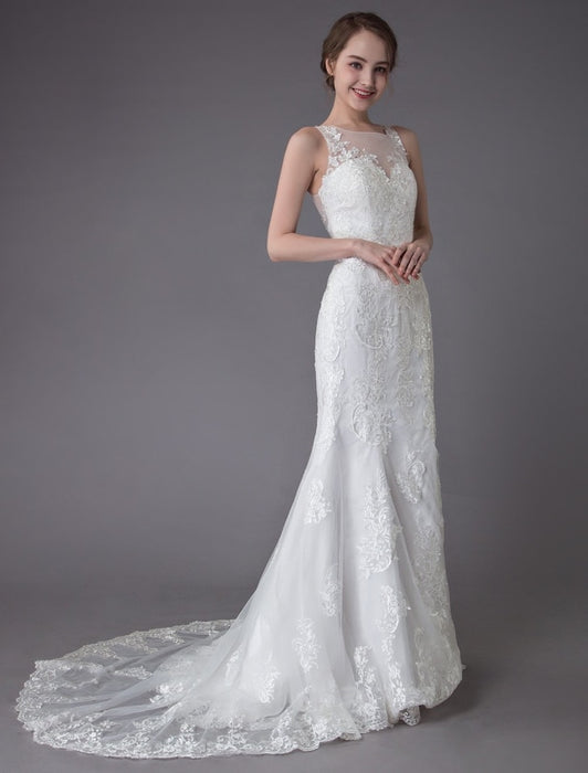 Lace Wedding Dress Ivory Illusion Neckline Sleeveless Chain Beach Wedding Dress Mermaid Bridal Gowns With Train